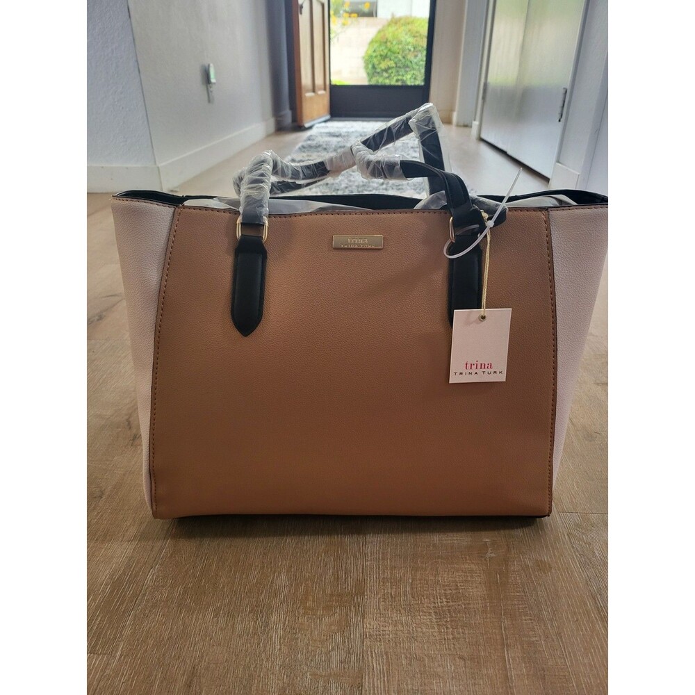 Trina Turk Tote Bag Zip Laptop Purse Cream & Tan Shoulder  NEW